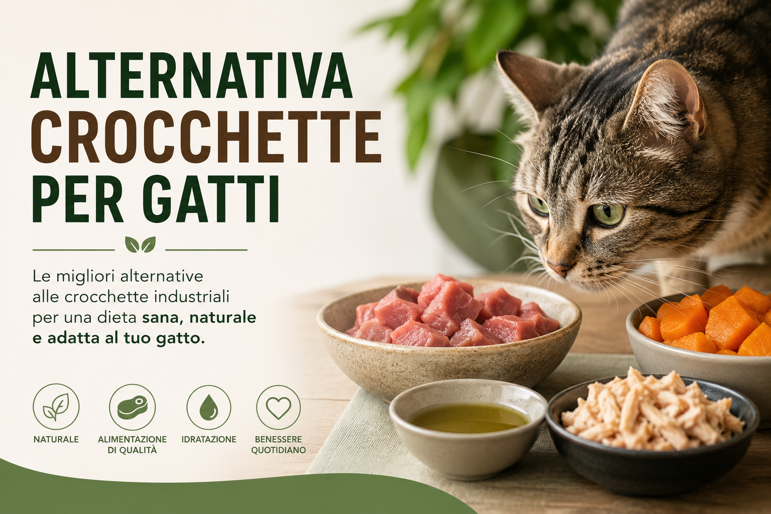 Gatto tabby accanto a una ciotola di carne fresca, alternativa naturale alle crocchette Felinus