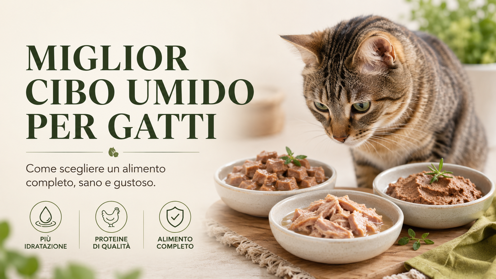 Gatto e tre ciotole di cibo umido per gatti Felinus, alimento completo