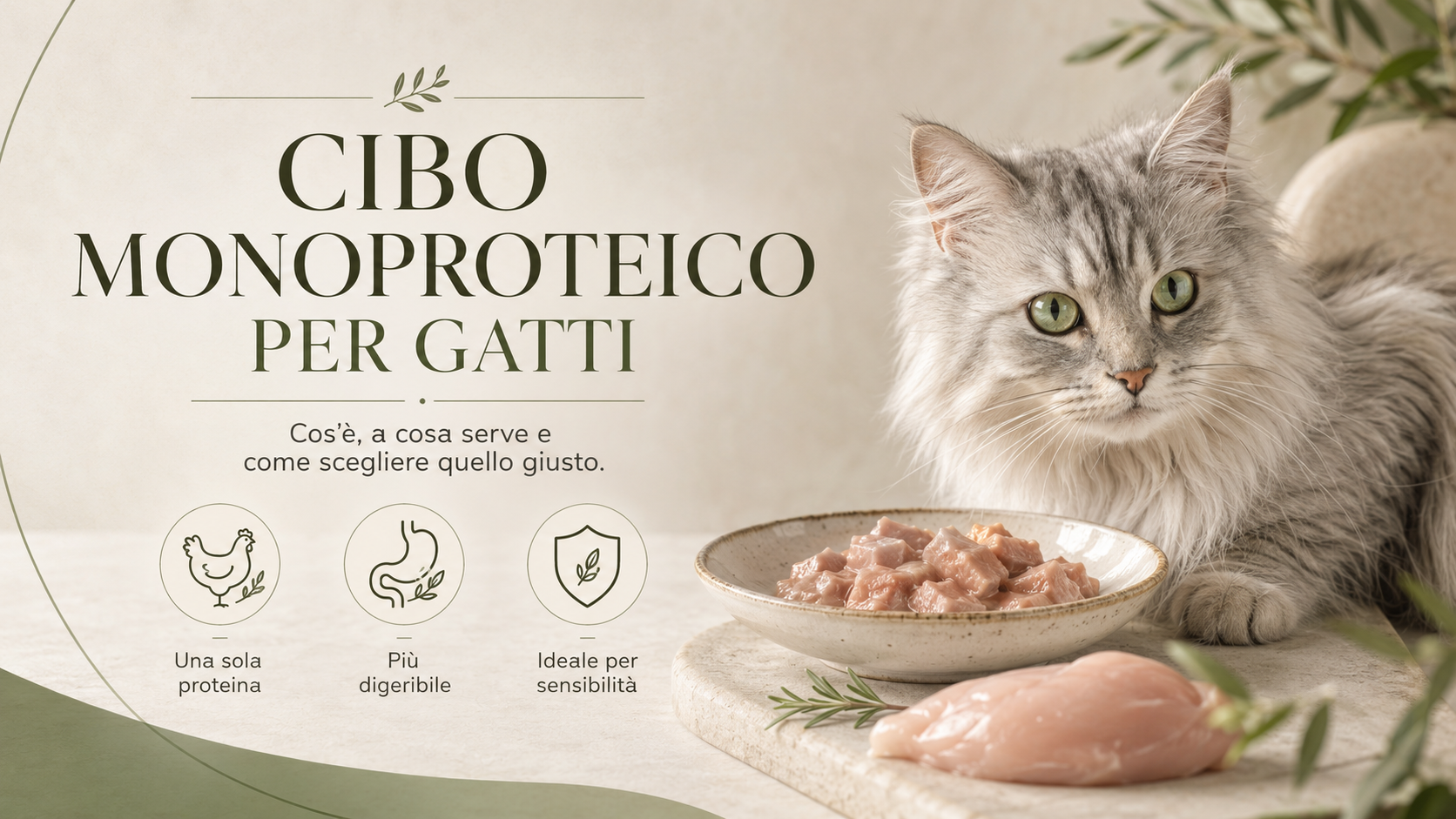 Gatto grigio a pelo lungo accanto a una ciotola di cibo umido monoproteico Felinus