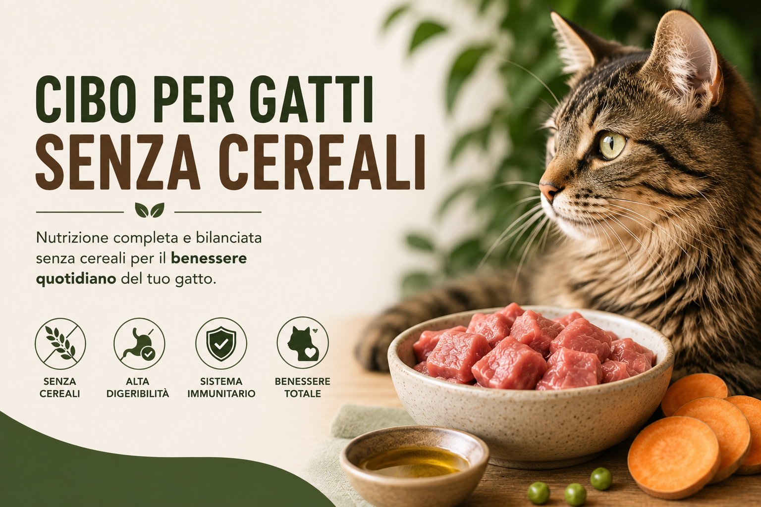 Gatto tabby con ciotola di carne e patata dolce, cibo per gatti senza cereali Felinus
