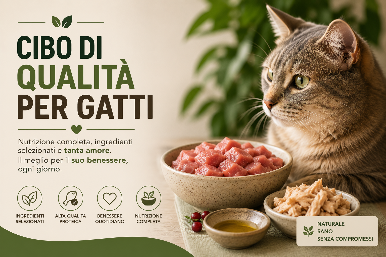 Gatto accanto a ciotole di carne e pesce, cibo di qualità per gatti Felinus