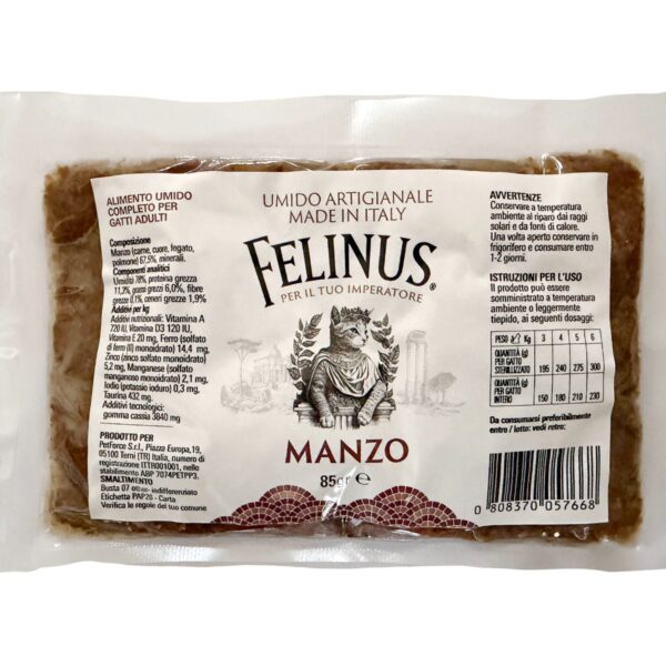 Umido artigianale Felinus al manzo per gatti, ragù completo senza cereali