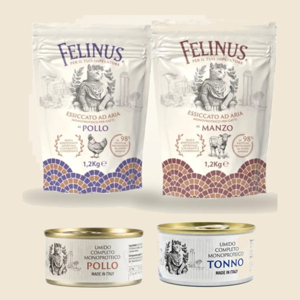 Kit Duo Scoperta Felinus: sacco essiccato ad aria al pollo e al manzo da 1,2 kg con due scatolette di umido in straccetti