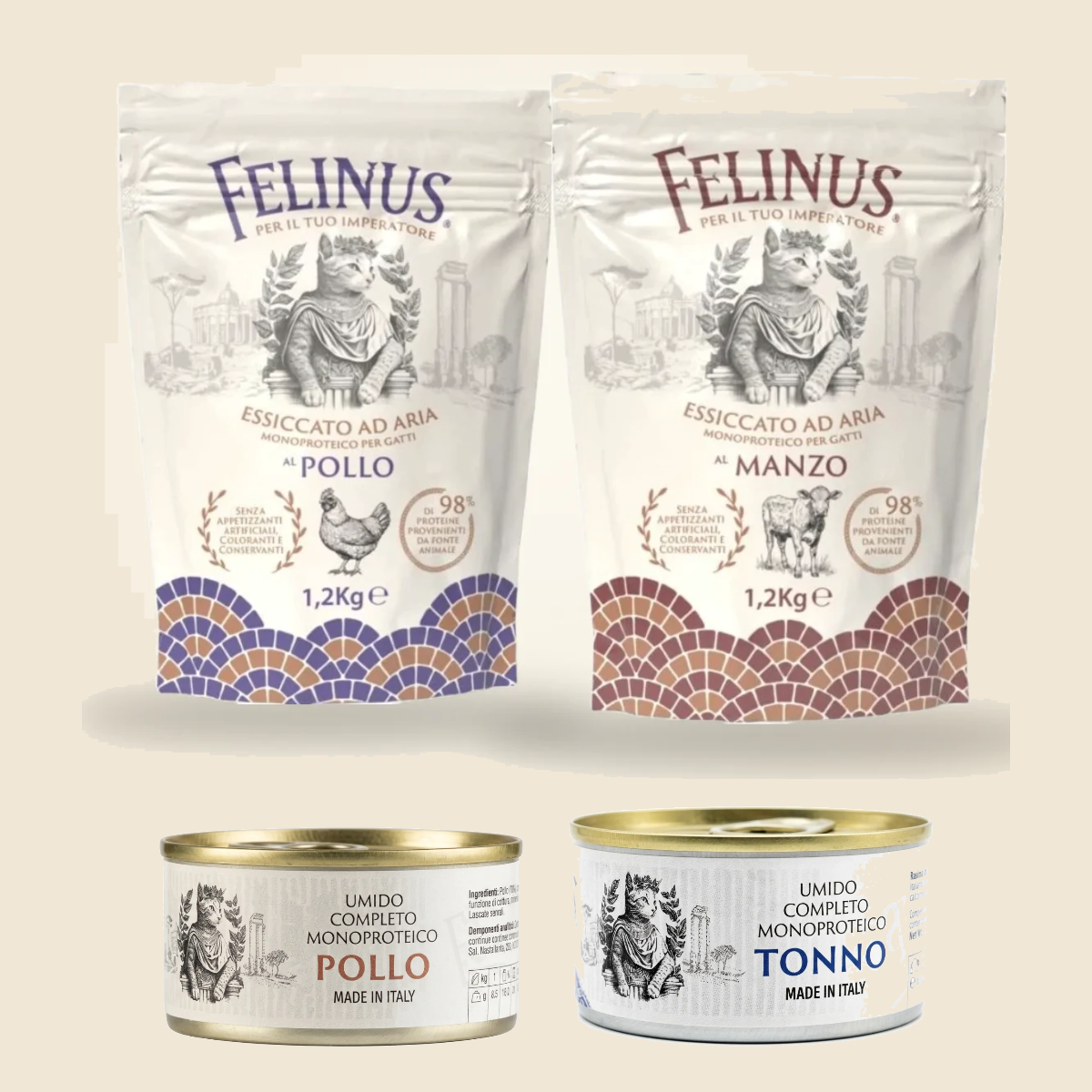 Kit Duo Scoperta Felinus: sacco essiccato ad aria al pollo e al manzo da 1,2 kg con due scatolette di umido in straccetti